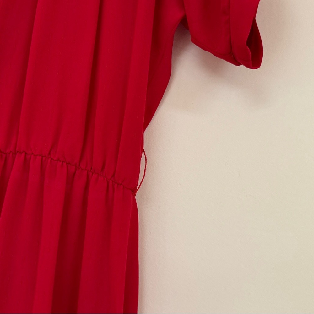 Vintage A-Line Midi Dress Size S Sheer Elastic Waist Solid Red Retro Feminine - Picture 8 of 11